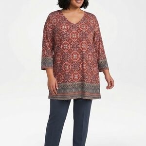 Alfred Dunner Rust Medallion V-Neck Tunic with Border